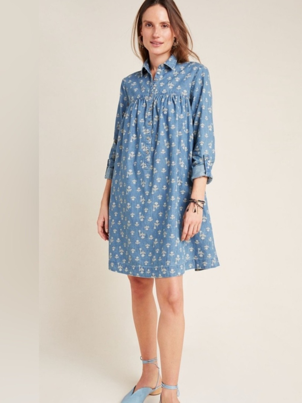 Pilcro and the Letterpress Blue Floral Long-Sleeve Smock Dress